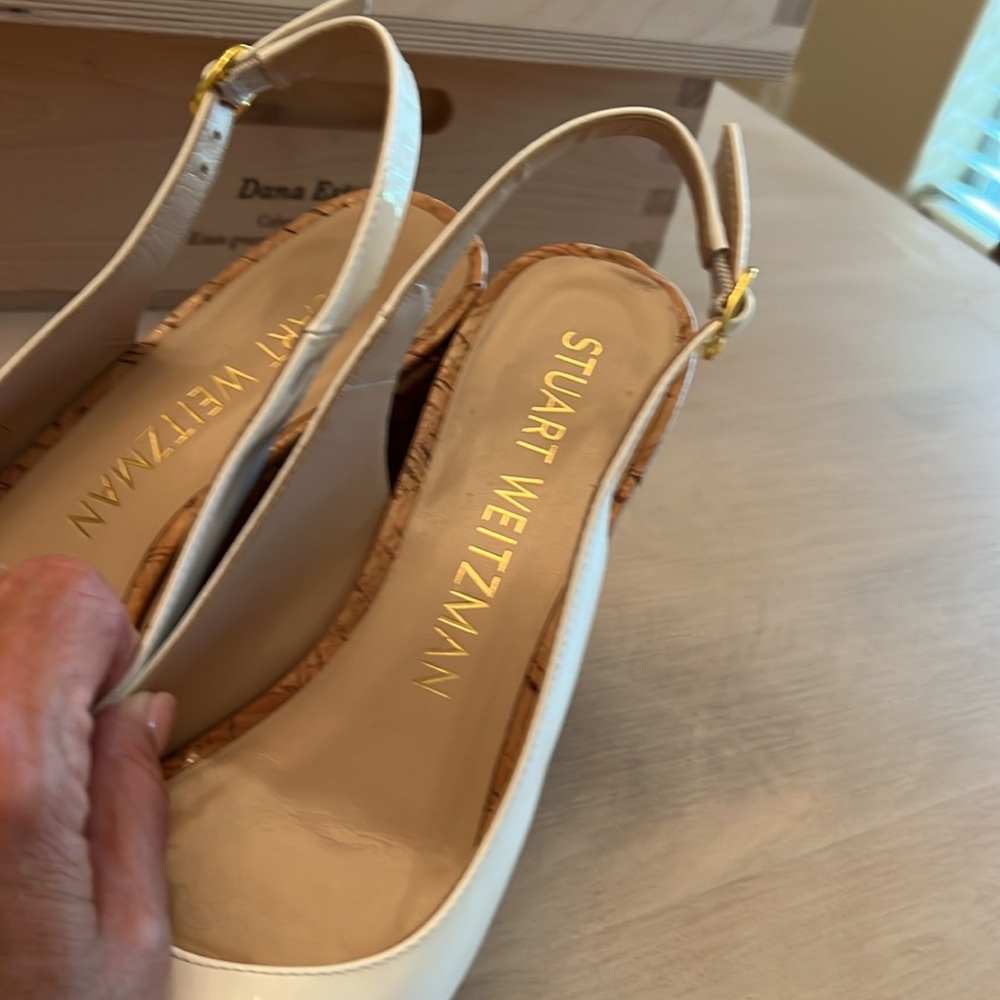 Stuart Weitzman White Patent Slingback Coated Cork Wedge - Picture 7 of 9